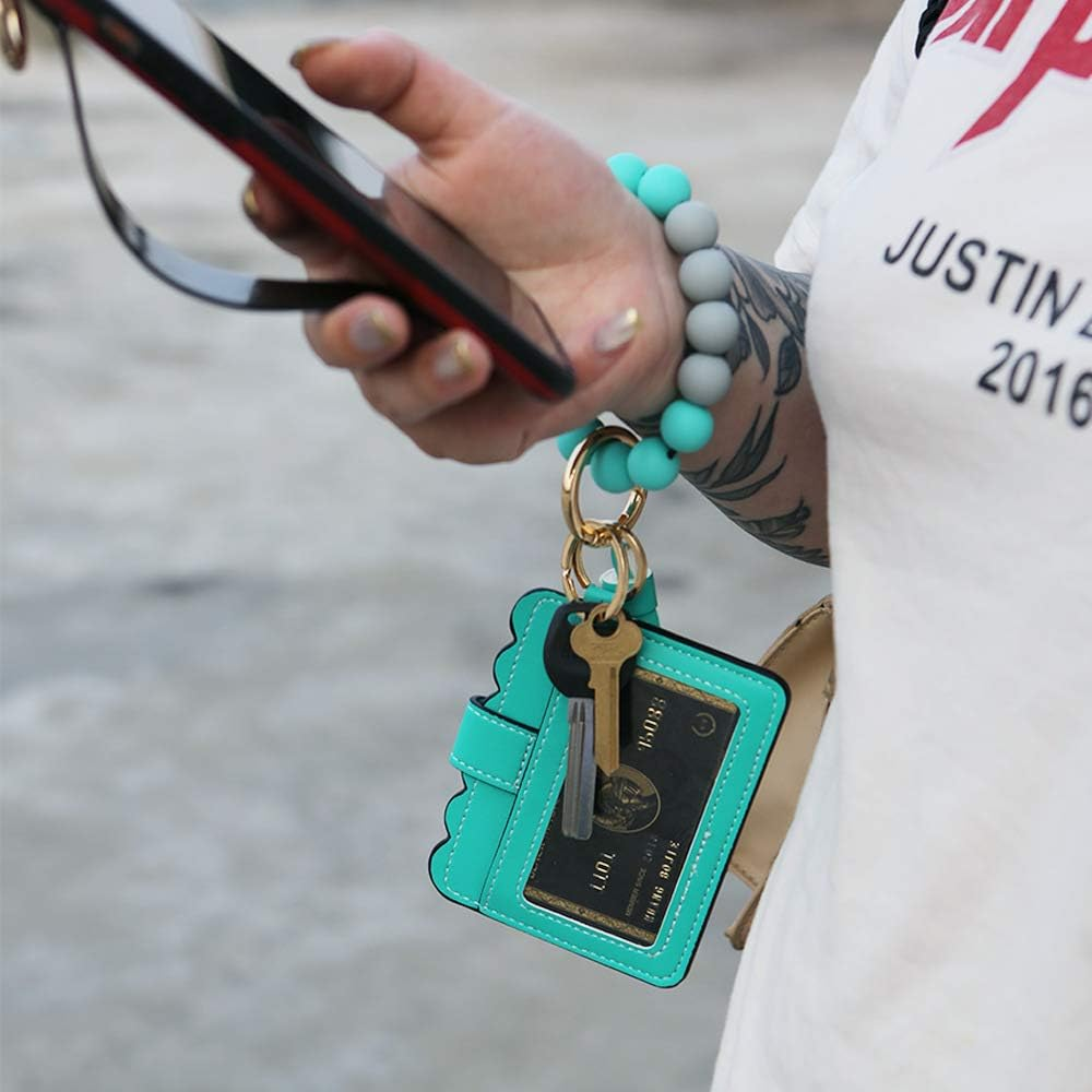 Silicone Beaded Bracelet Leather Keychain Wallet ID Card Holder Keyring Wristlet Bracelet Key Ring Chain Tassel Purse Women Girls Green image number 3