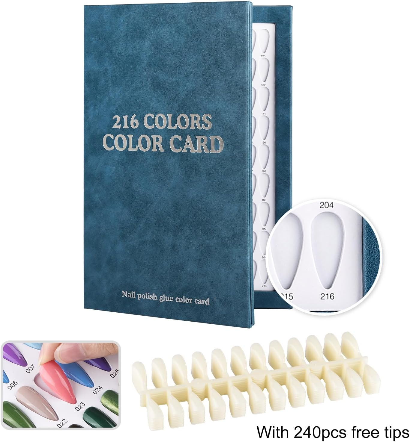 BNG Nail Colour Display Book 216 Colours Nails Art Card Chart with 240 Pieces Almonds False Nails Tips, Leather Stamped Silver Drops Colour Book for Salon Gel Polish, Blue image number 3