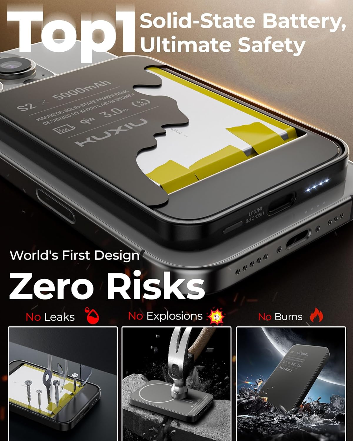 KU XIU S2 Solid-State Magnetic Wireless Power Bank 5000Mah, Qi2-Certified 15W Fast Charging Portable Battery Pack, High Energy Density & Safe Design, Travel-Friendly Wireless Charger for Iphone 17&ndash;12 - Black image number 6