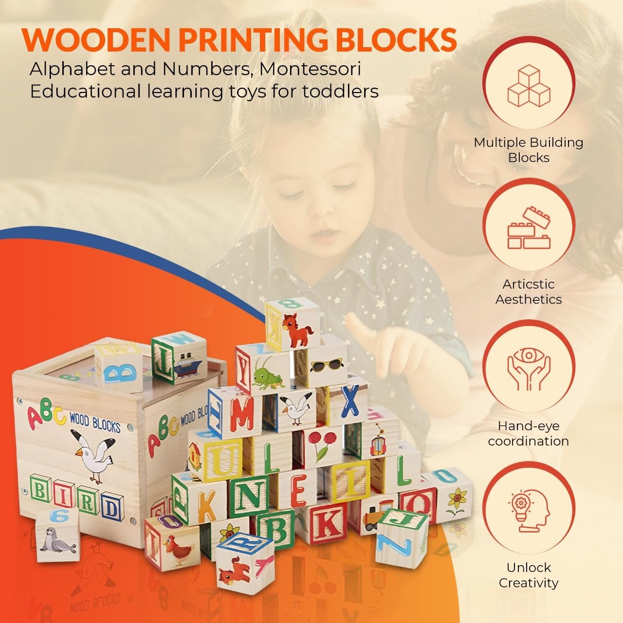 Wooden Baby ABC Block Set &ndash; 27-Piece Alphabet & Number Learning Blocks for Toddlers &ndash; Montessori Educational Toys for Preschool Learning &ndash; Beautiful Wooden Toy Set for Kids 1-3 image number 4