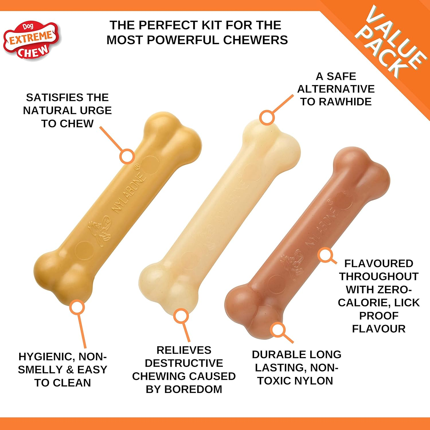 Nylabone Extreme Tough Dog Chew Toy Bones, Peanut Butter, Chicken, Bacon Flavoured, 3-Piece, Small, for Dogs up to 11 Kg image number 1