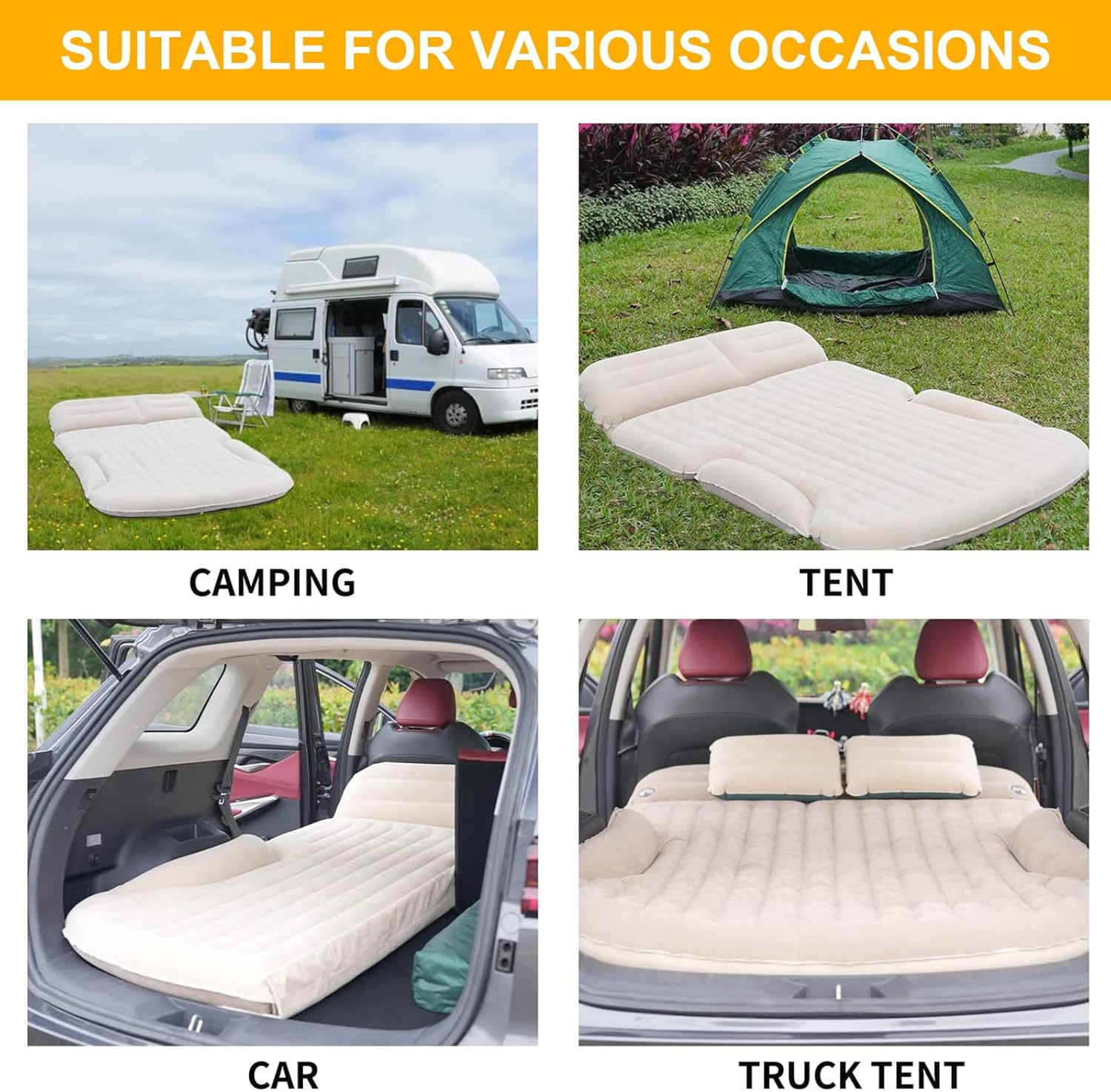 KMZ SUV Air Mattress Thickened and Double-Sided Flocking Travel Camping Bed with 2 Pillows & Electric Pump Dedicated Mobile Cushion Inflatable Bed for SUV Trunk and Rear Seat (Beige and Coffee) image number 6