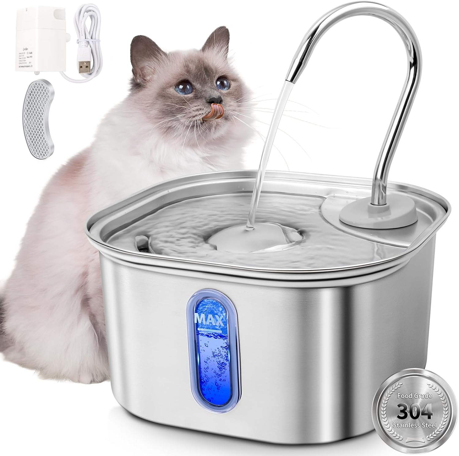3.2L Stainless Steel Pet Water Fountain for Cat and Dog with Quiet Pump, Automatic Cat Water Dispenser for Multiple Pets Drinking with Transparent Window image number 1