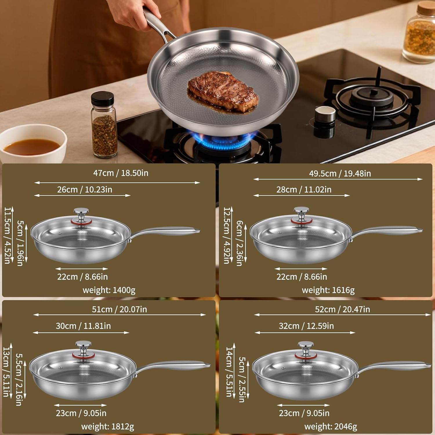 Titanium Hammered Pan Pro for Cooking, Titanium Panwith Lid, Stainless Steel Cookware Non Stick, Even Heating for Cooking (26Cm)