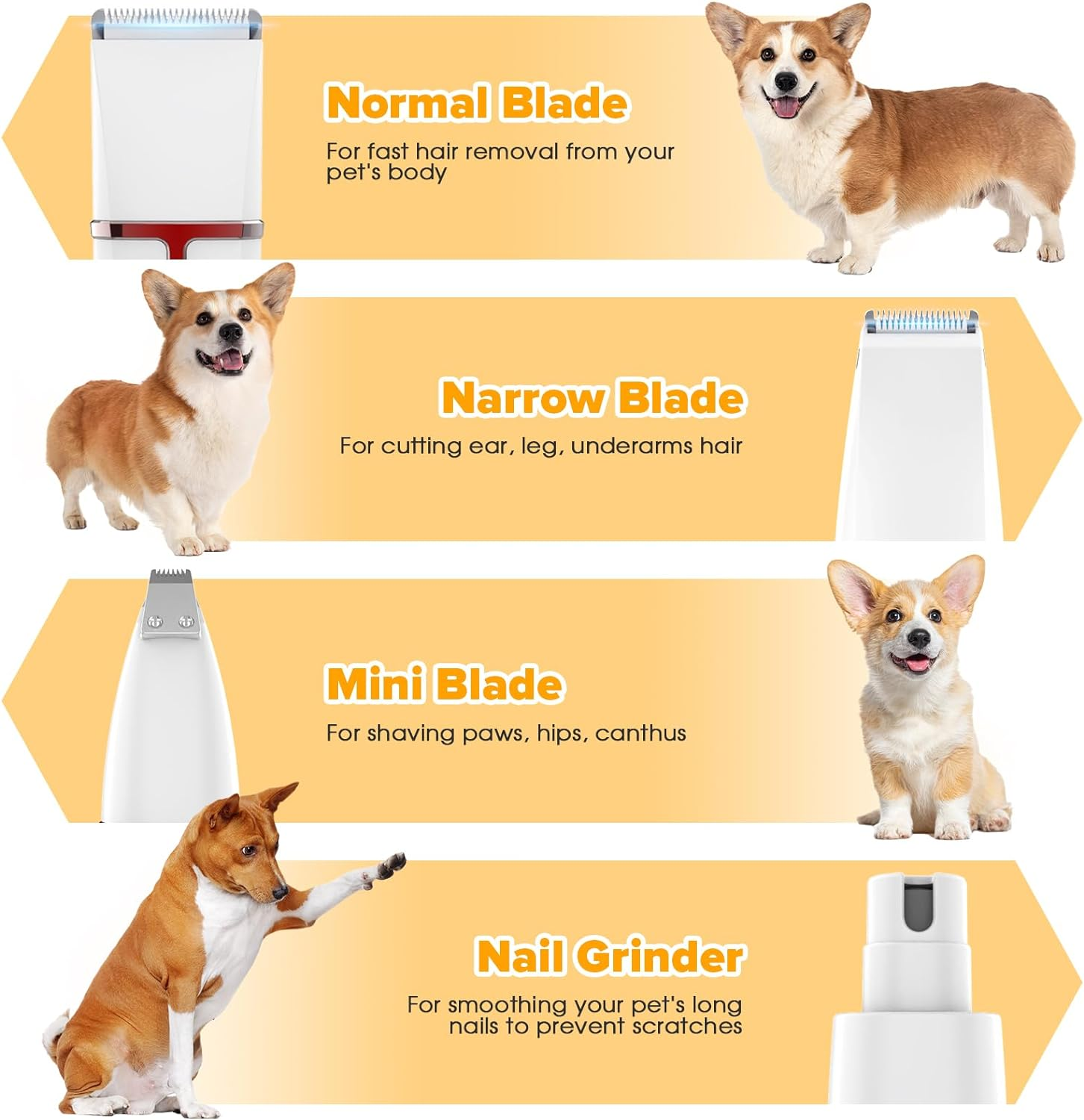 Advwin Dog Hair Grooming Clippers Kit with Nail Grinder, 4 in 1 Low Noise Silent Electric Clippers, Rechargeable Cordless Pet Clippers for Dogs & Cats, Grooming Paws, Eyes, Ears, Face, Matted Hair image number 6