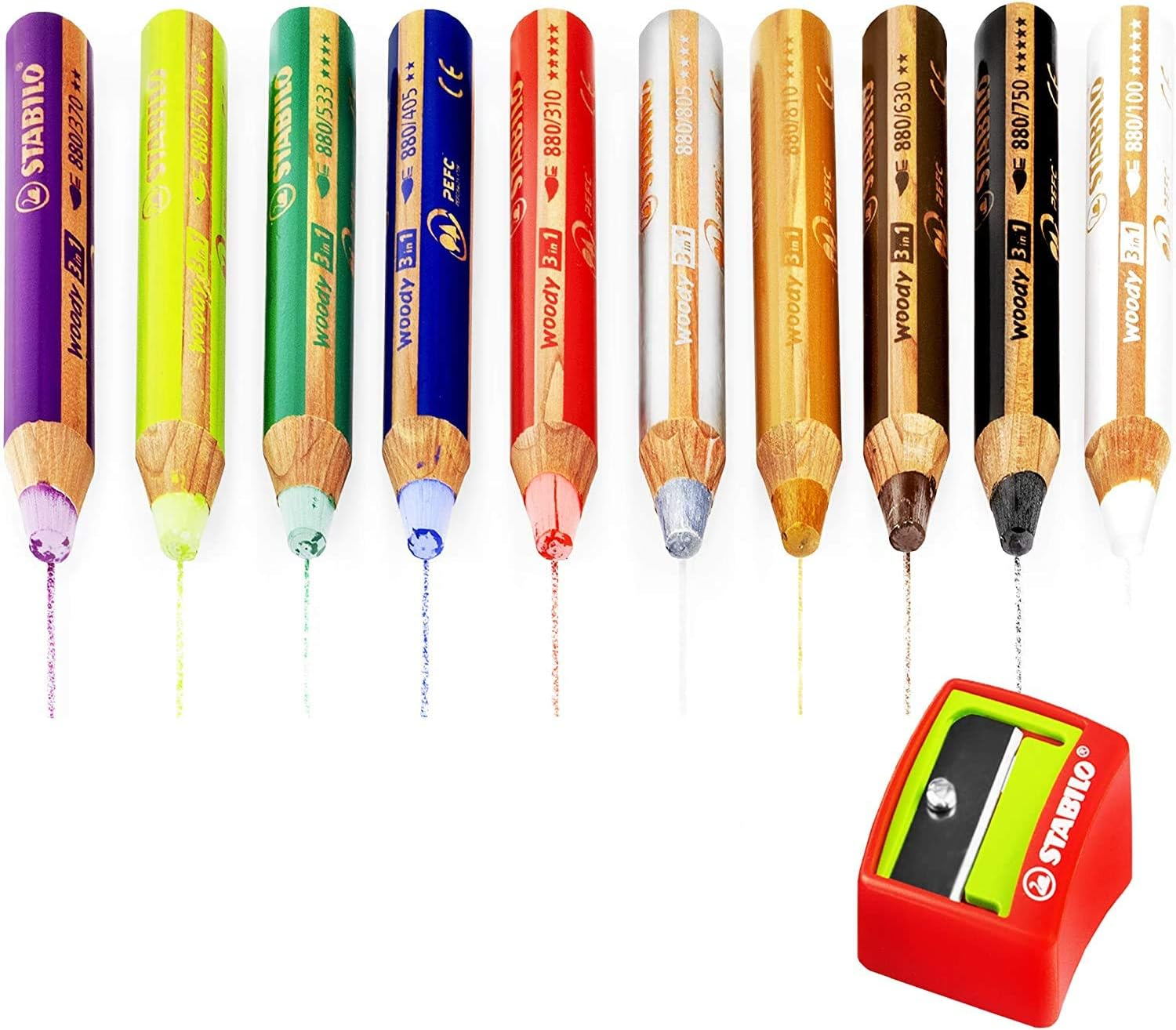 STABILO Woody 3 in 1 Jumbo Colouring Pencils - Limited Edition Gold and Silver Set - Includes Sharpener - Pack of 10