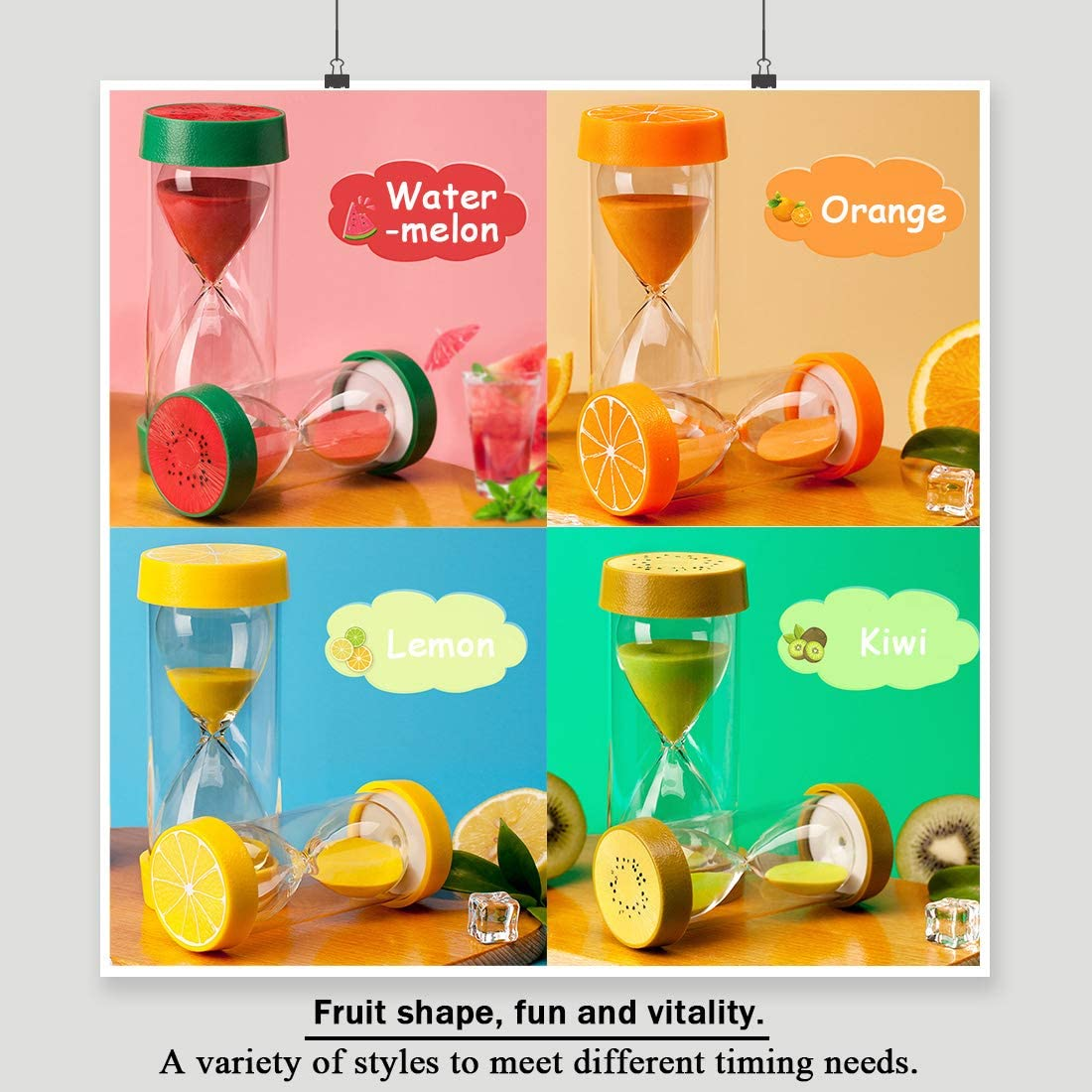 Glarks 4 Colors Fruit Style Hourglass Sand Timer Clock 5Mins / 10Mins / 15Mins / 30Mins Sandglass Timer for Kids, Classroom, Kitchen, Games, Brushing Timer, Home Office Decoration Timers