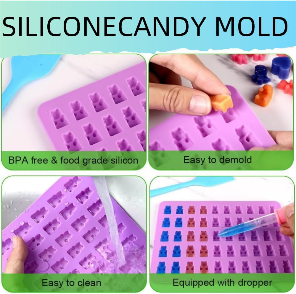 HIDOSNG 5Pcs Gummy Bear Candy Molds Silicone Gummy Molds 2 Dropper, Non-Stick Silicone Candy Mold Including Mini Dinosaur, Bear Shape, Heart, Donut Fruit for Jelly Chocolate (Pink+Green+Purple+Blue) image number 4