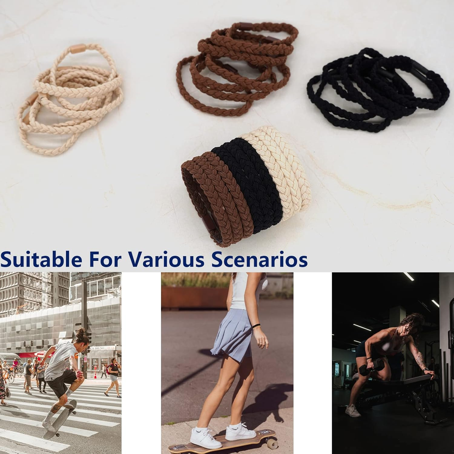 20-Piece Braided Hair Ties for Men - Elastic, No Damage, No Slip, No Rip - for Curly, Thick, Long Hair (Black, Brown, Khaki)