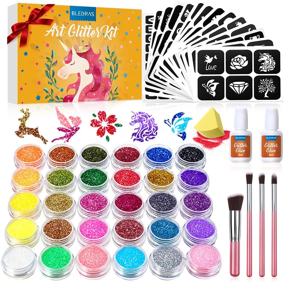 Glitter Tattoo Kit, Bledras 30 Colors Temporary Tattoo Set for Girls, 147 Stencils, 4 Brushes, 2 Glue, Glitter Tattoos for Kids or Adults, Gifts for Girls Boys, Halloween Birthday Festival Party