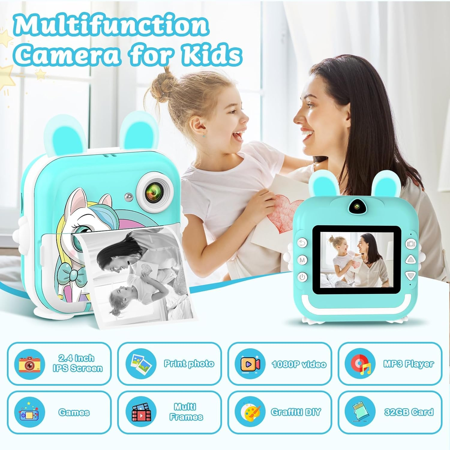 PTHTECHUS&reg; Kids Camera Instant Print, 2.4 Inch IPS 1080P Instant Camera for Kids, 48MP HD Digital Video Recorder with 32GB SD Card, Christmas Birthday Portable Toy for Age 3-12 Girls Boys ﻿ (Blue) image number 4