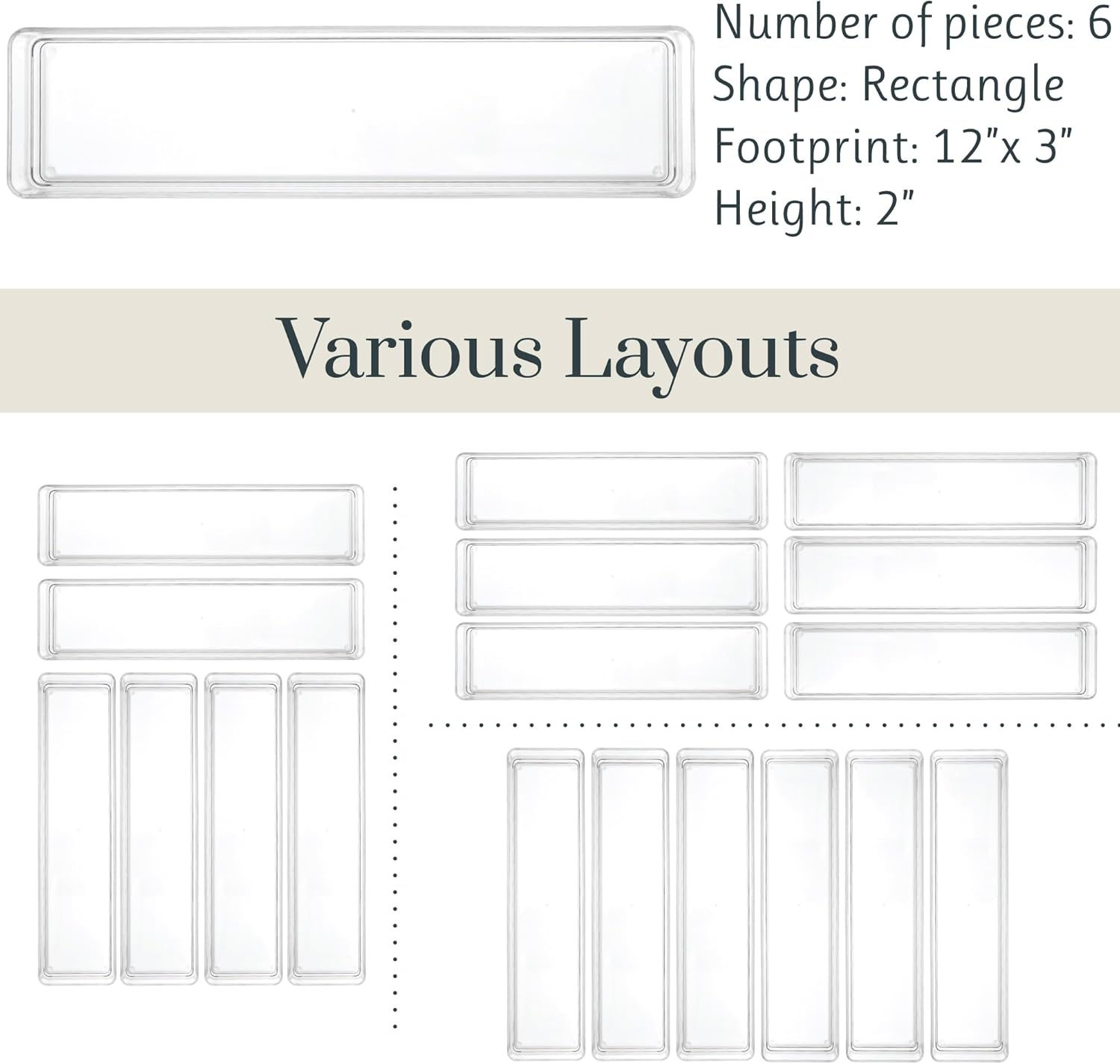 Stori Simplesort 6-Piece Stackable Clear Drawer Organizer Set | 12" X 3" X 2" Rectangle Trays | Narrow Makeup Vanity Storage Bins and Office Desk Drawer Dividers | Made in USA image number 2