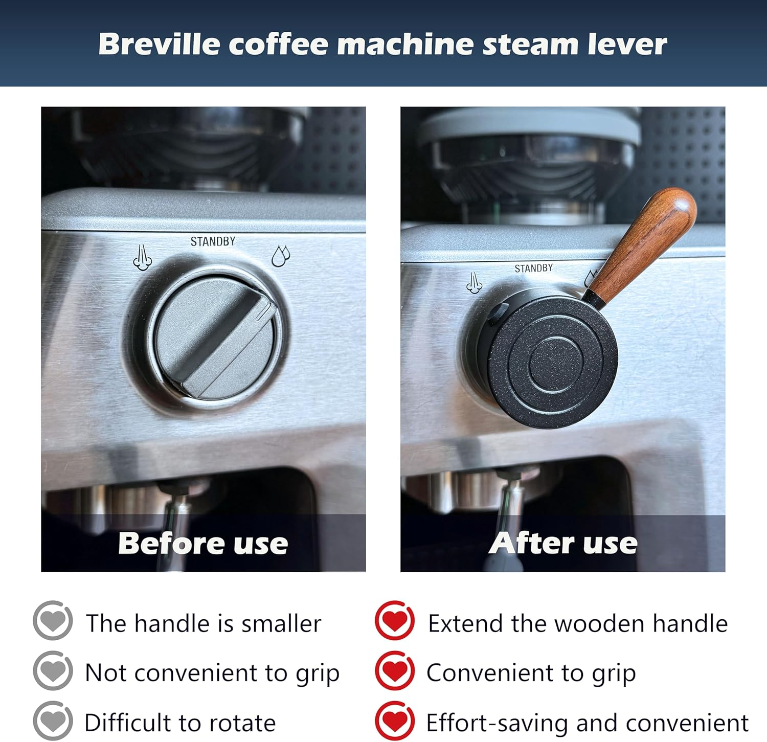 NEOUZA Espresso Machine Upgraded Steam Lever Compatible with Breville Sage Barista Expresso BES870XL BES875 BES876, Aluminum, Wood Handle (Silver) image number 2