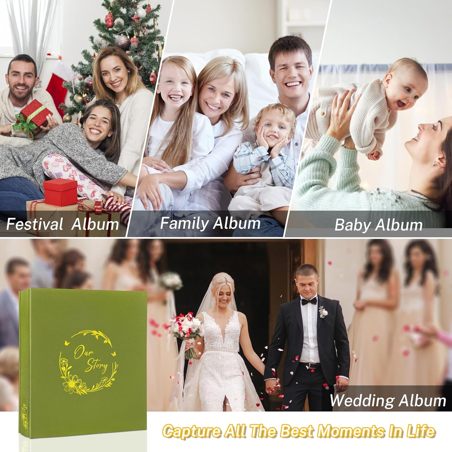 Photo Album 4X6 for 500 Pictures &ndash; Our Story Memory Book with Gold Wreath Cover &ndash; Family Scrapbook for Holiday, Party, Everyday Moments by Kuword, Olive image number 6