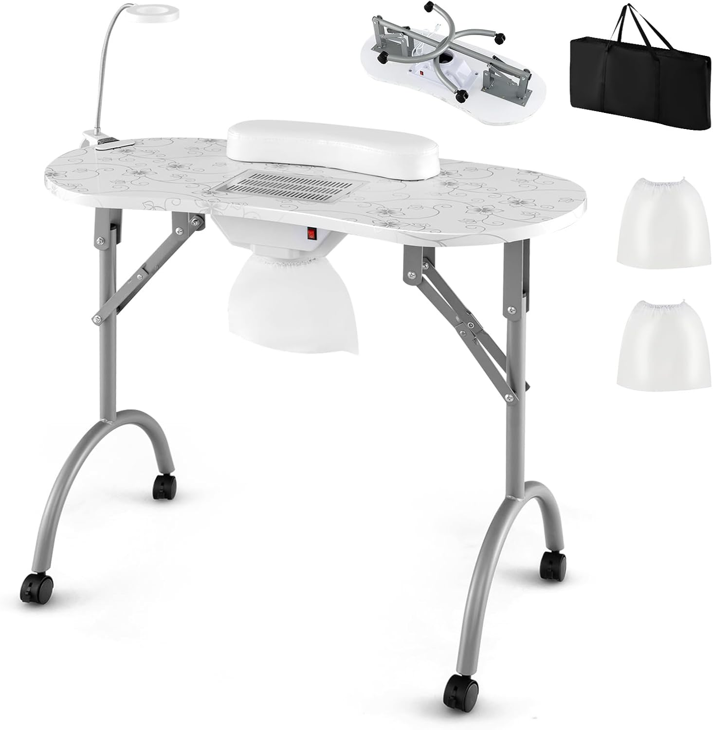 Costway Folding Manicure Nail Table with Electric Dust Collector, Portable Nail Table with Bendable LED Table Lamp, Removable Wrist Pad, Carrying Bag, 4 Lockable Wheels, Spa Salon Workstation image number 1