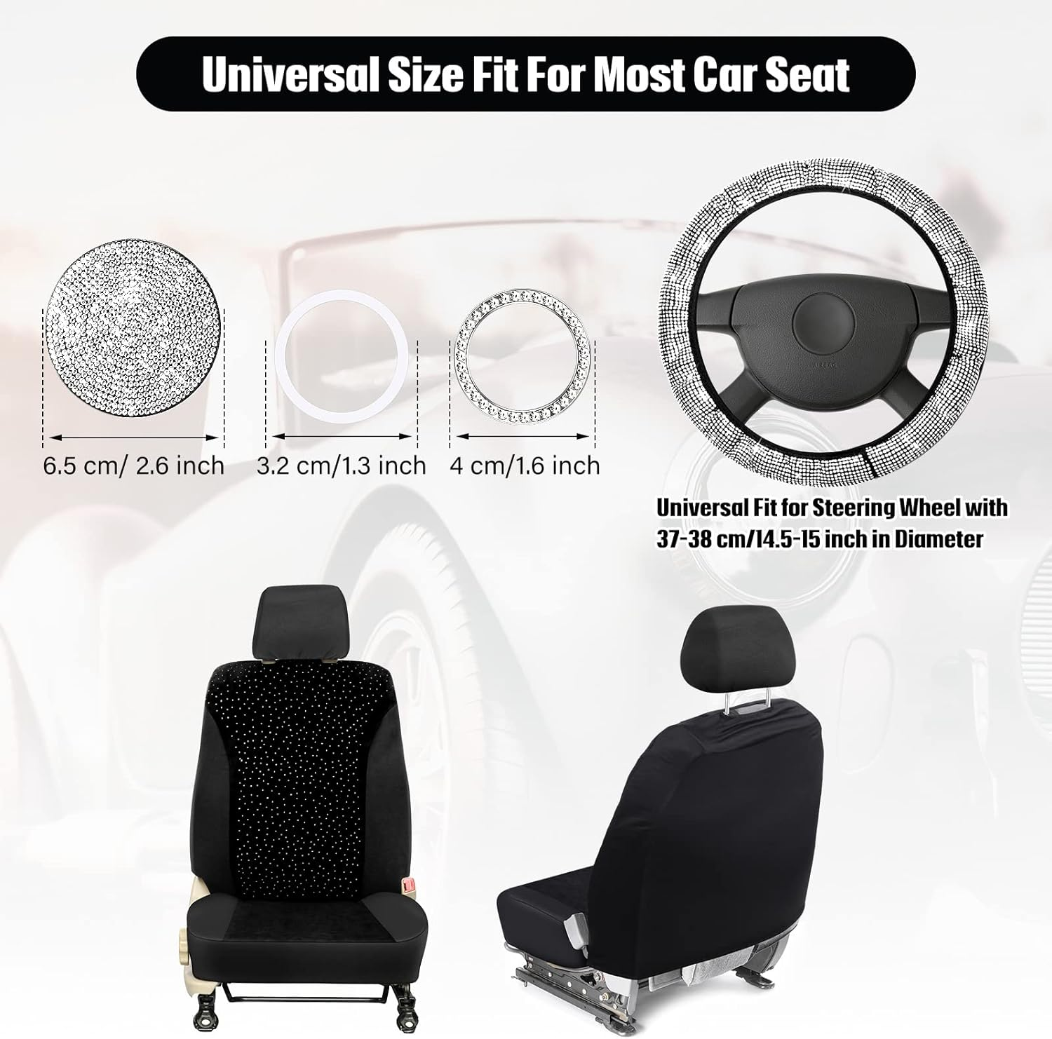 13 Pack Bling Car Seat Covers Set Car Diamond Accessories Rhinestone Crystal Steering Wheel Cover, Bling Velvet Breathable Glitter Center Console Pad Universal Car Interior (White) image number 4
