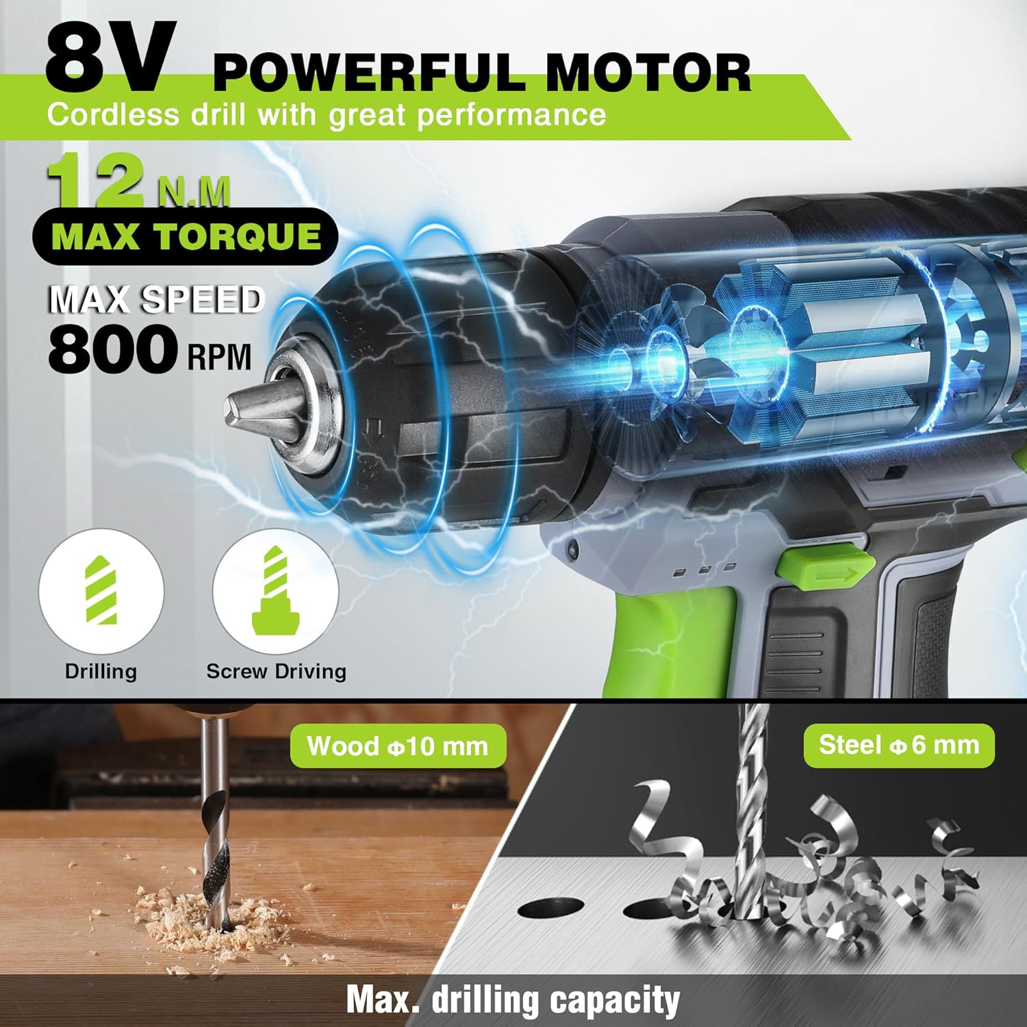 WORKPRO 8V Cordless Drill Driver Set, Electric Screwdriver 9.5 Mm Keyless Chuck, Max Torque 12 N&middot;M, 2 Ah Battery with 21 Pcs Accessories and Single Layer Stack & Carry Box, Ideal for Home DIY Project - Pink image number 5