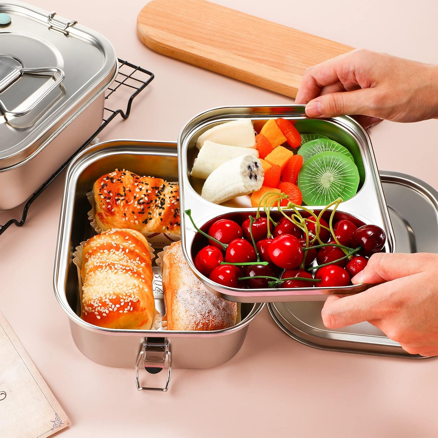 Romooa 2 Pieces Metal Bento Box for Adults Metal Lunch Box Stainless Steel Bento Containers Leakproof Dual Tiers Lunch Container with Airtight Valve Handle Dishwasher Safe(Medium) image number 1