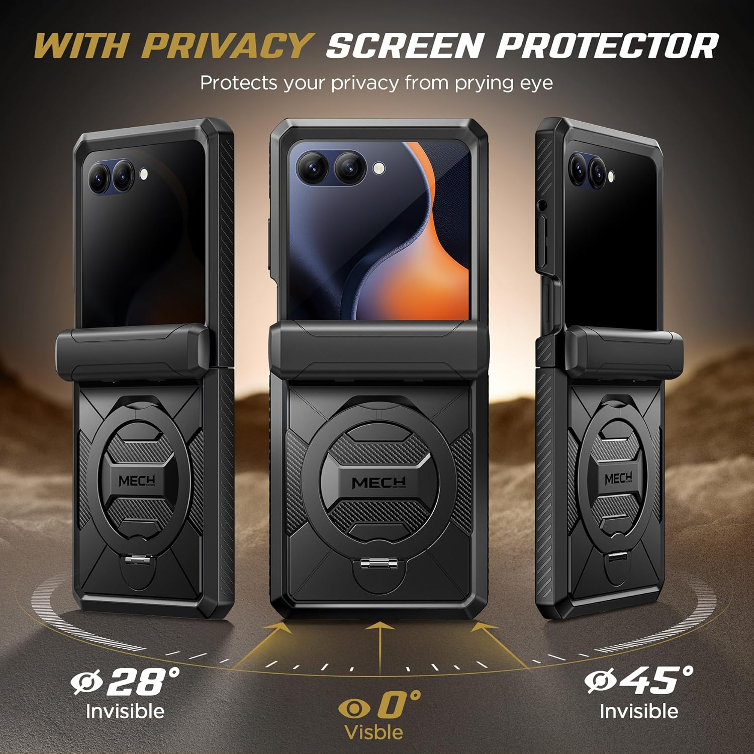 TONGATE for Motorola Razr 2025 Case/Razr 2024 Case with Privacy Screen Protector, [360&deg; Spin Magnetic Stand] [Compatible with Magsafe] [Hinge Protection] Full-Body Military Drop Phone Cover, Black image number 3