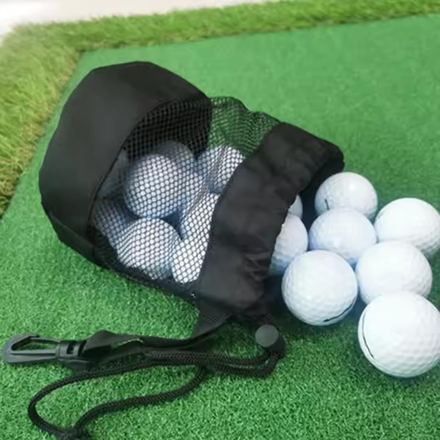 Yeanifeana 2-Pack Black Nylon Mesh Golf Ball Bags with Drawstring Closure & Hooks, Durable Golf Ball Storage Organizer Pouches (6.5X5.5 Inches) image number 2