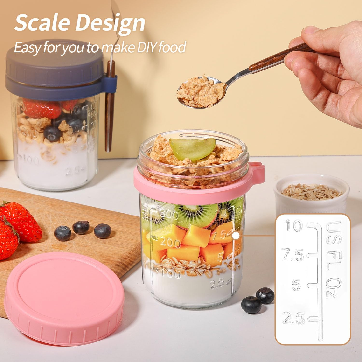 12 OZ Overnight Oats Jar Pack of 6, Airtight Glass Oatmeal Container with Spoon Overnight Oats Container with Lids for Milk, Cereal, Fruit image number 1