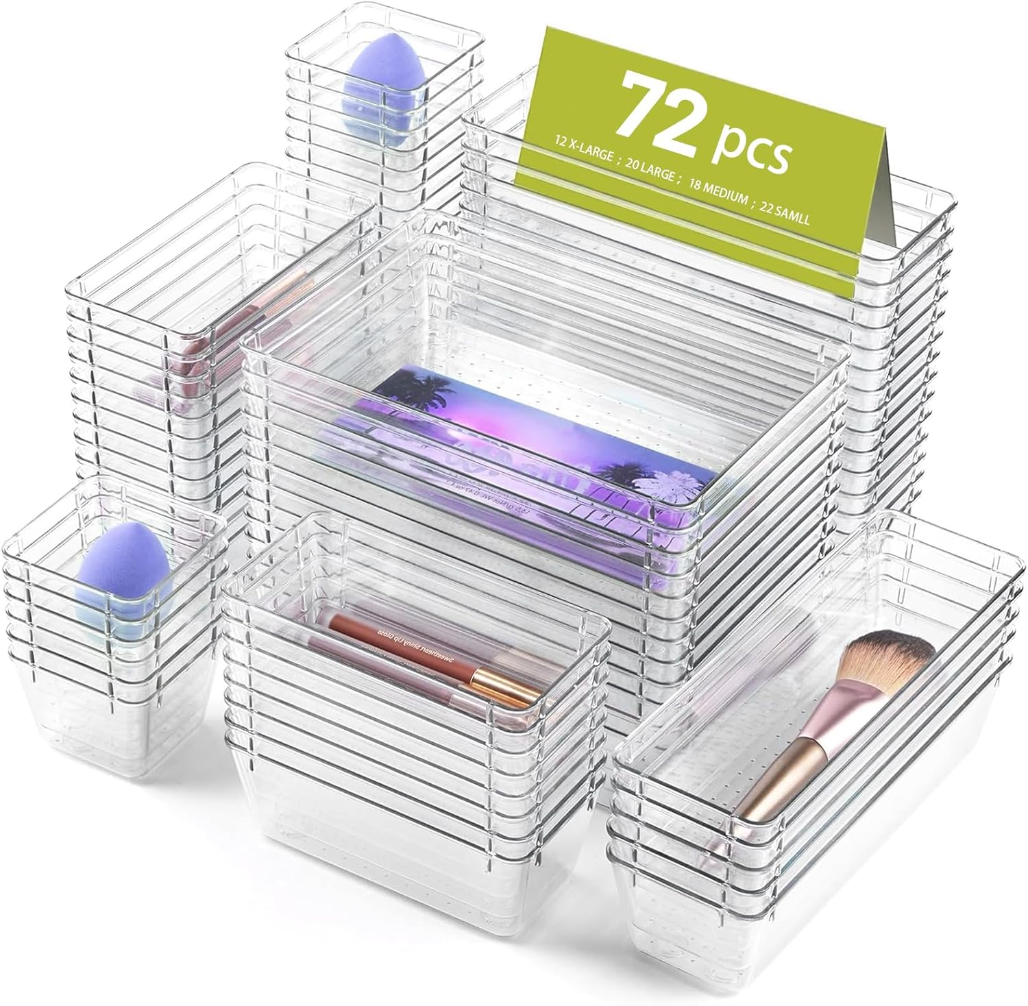 72 Pcs Drawer Organisers Set, 4 Sizes Clear Plastic Drawer Organizer and Vanity Organiser Trays, Desk Drawer Organizer Trays for Makeup, Jewelries, Bathroom, Kitchen Utensils and Office image number 5