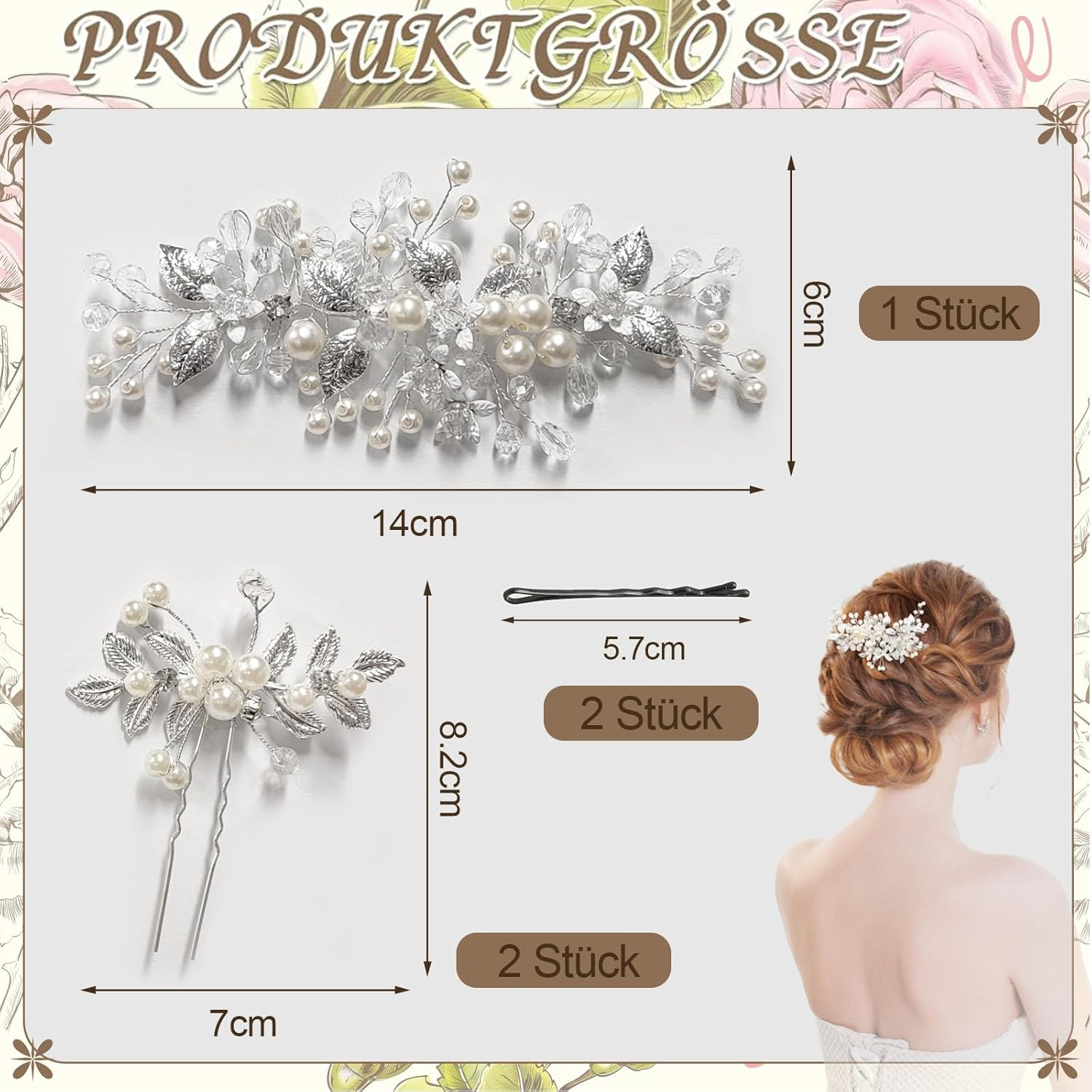 ZOCONE Bridal Flower Hair Accessories Silver Crystal Headband Flower Leaf Headpiece Pearl Hair Accessories Bridal Hair Pins Hair Pins Wedding for Women and Girls Bridal Hairstyle (B)