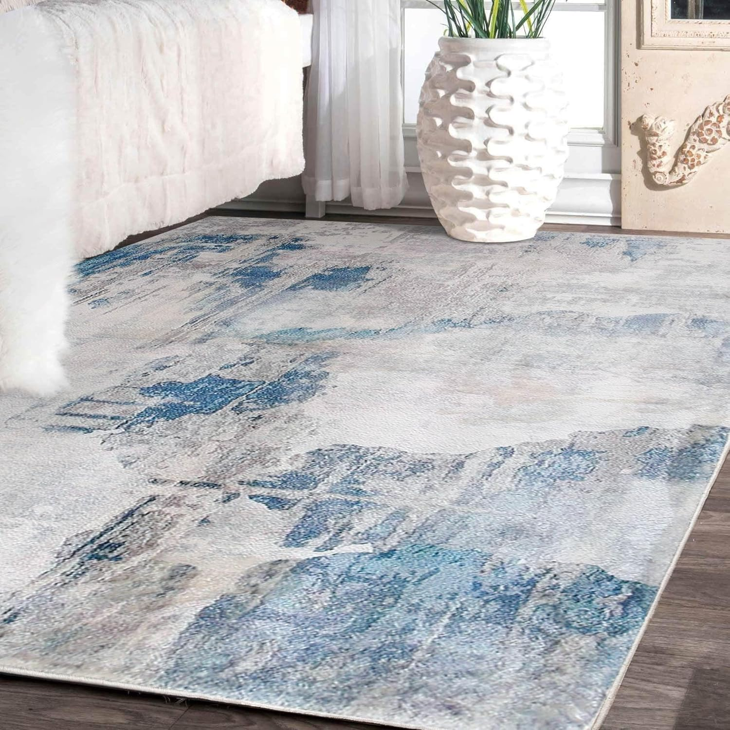 Rugs Living Room Grey Area Rugs for Bedroom Modern Abstract Rug Large Short Pile Rugs Carpet Non-Slip Soft Living Room Rugs Room Decor (Lake Blue/Grey/Beige, 120 X 160 Cm) image number 1