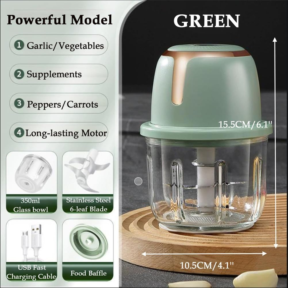 NJDQFA Glass Food Processor, Electric Food Chopper, 350ML with USB Charging, Chicken Shredder, for Vegetables, Onion, Meat, Chili, Ginger, Fruits, Salad,Green - Green image number 2
