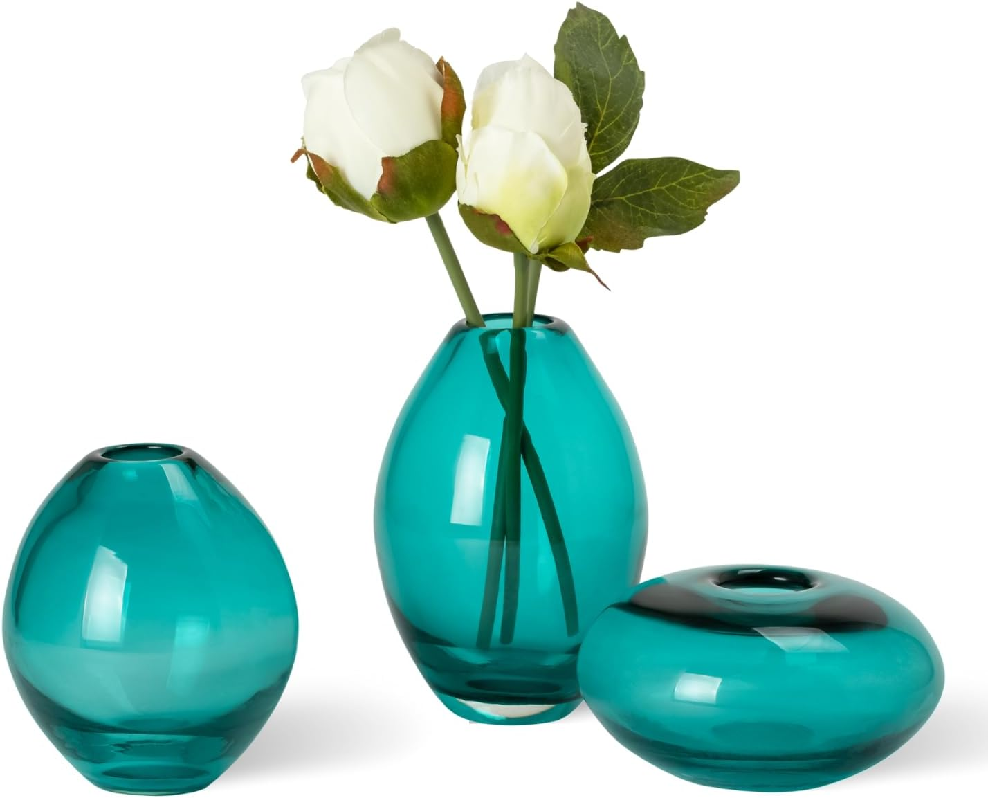 Torre & Tagus Mini Glass Vases | Art Glass Bud Vase Set of 3 Small Flower Vases for Home Decor, Dark Teal Vase for Table Decor, Handblown Clear Glass Vases for Flowers, Handmade Glass Teal Decor