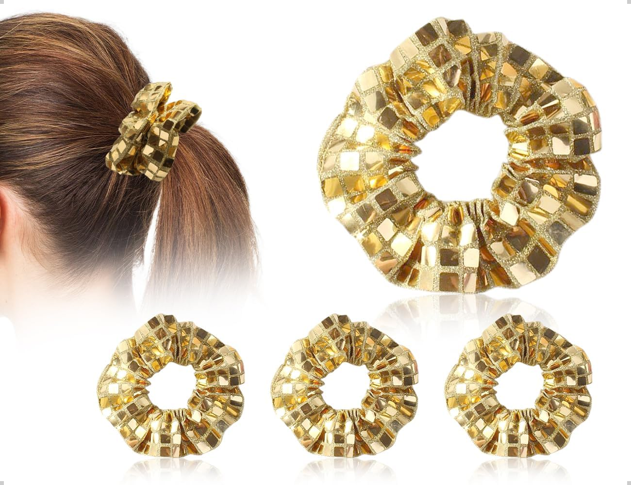 Emezddo Pack of 3 Hair Bobbles, Sequin Ponytail Scrunchies, Glitter Elastic Hair Accessories, Used for Women Girls Sports Disco Carnival Theme Party Birthday (Gold) image number 2