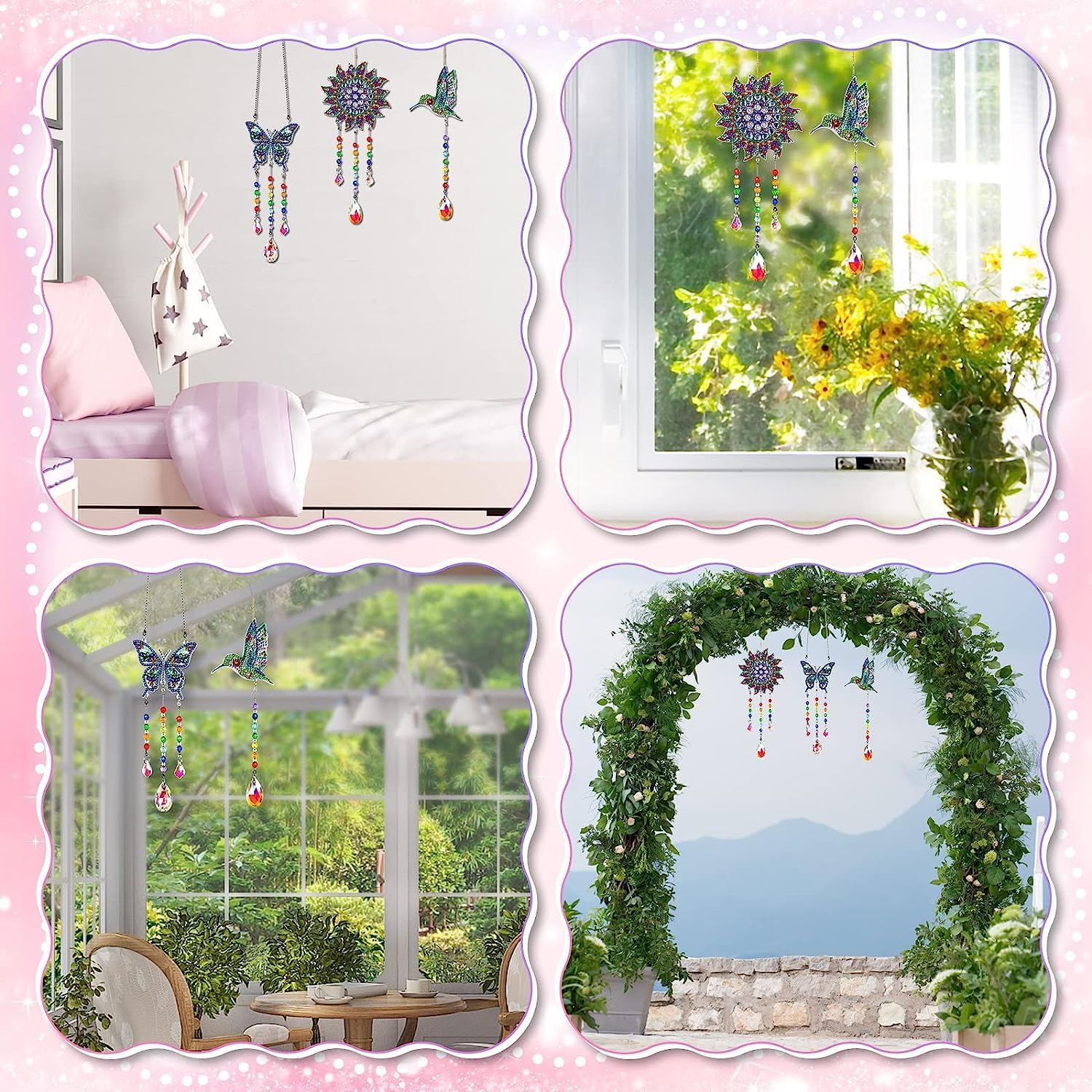 3 Pcs Diamonds Paintings Suncatcher,Double Sided Crystal Gem Painting Hanging Ornament,5D Diamonds Paintings Wind Chimes,Diamonds Art Kits Hanging Ornaments for Home Window Decor (Butterfly&Bird&Sun) image number 2