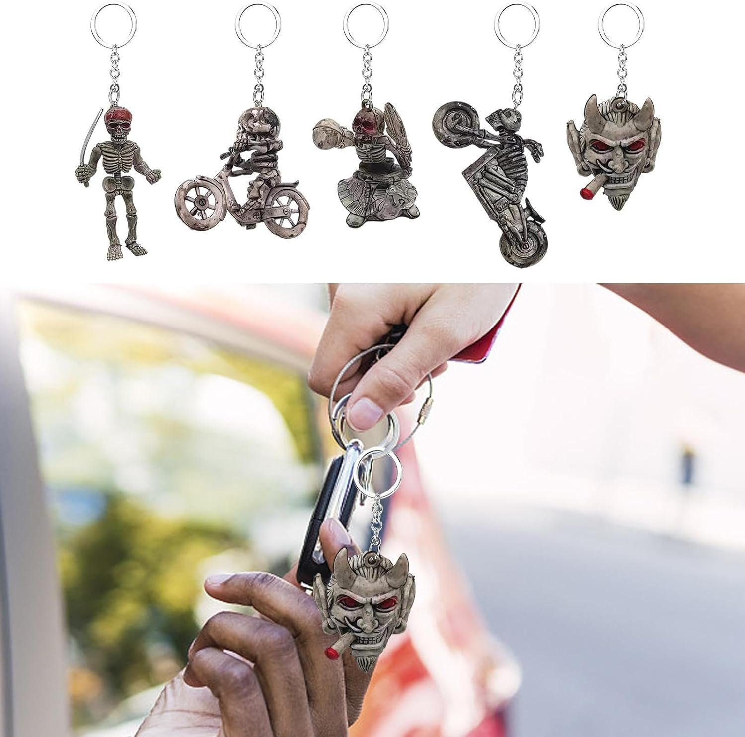 Skull Keychain for Men,Antique Silver Color Skull Keychain for Women - 3D Resin Skull Bag Charm Fashion Ring Car Ornaments image number 2