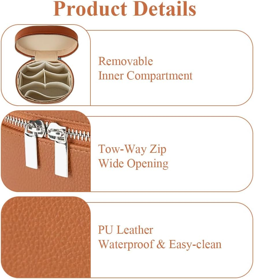 Makeup Bag with Handles, Premium round Leather Travel Cosmetic Organizer, Multi-Compartment Makeup Pouch for Women Girls (Khaki) image number 3