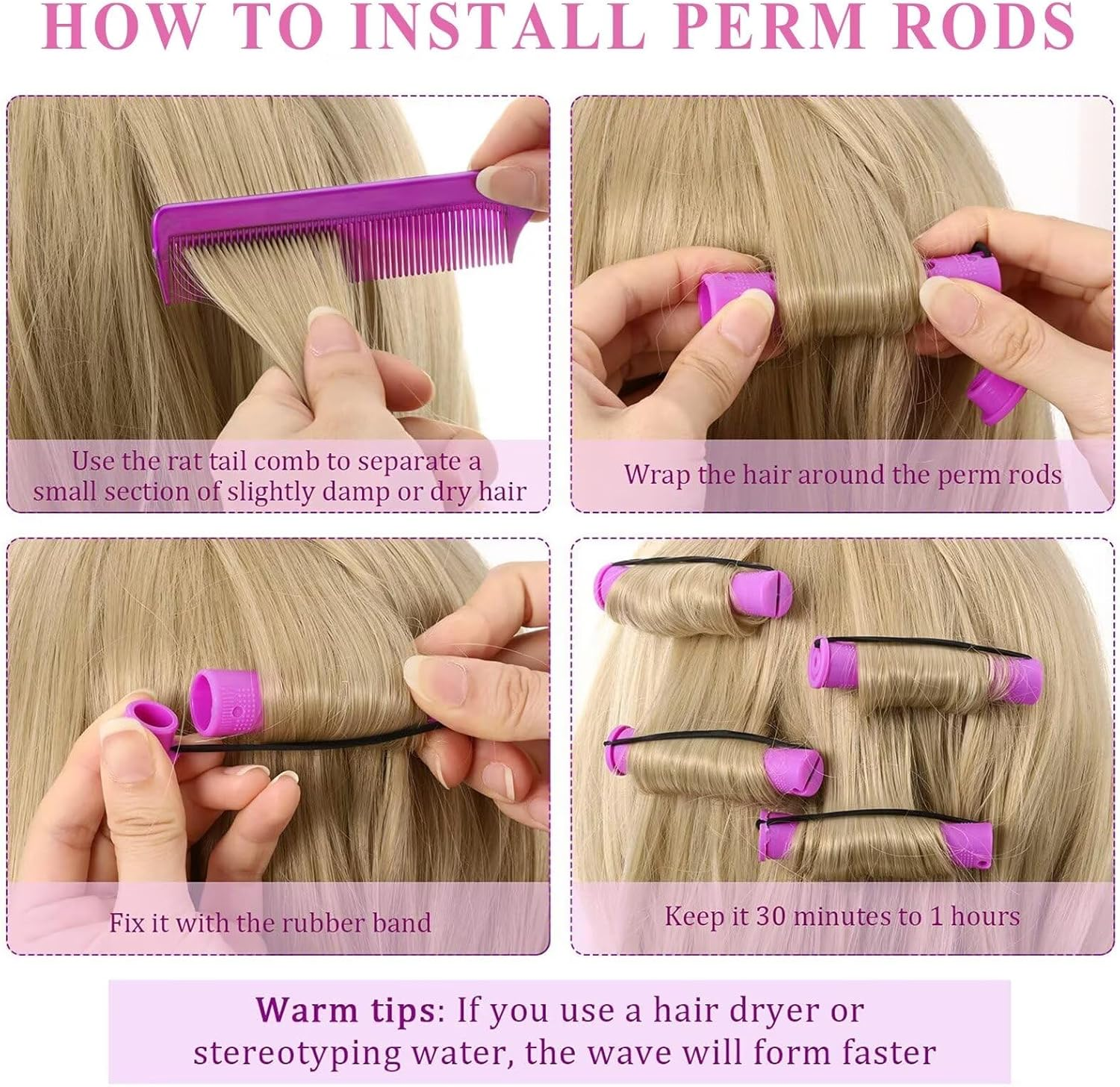 Meigick Perm Rods Set for Natural Hair, 40Pcs Plastic Cold Wave Rods, Heatless Perming Rods Hair Curler for Women, DIY Hairdressing Tools, Purple, 0.75 Inch