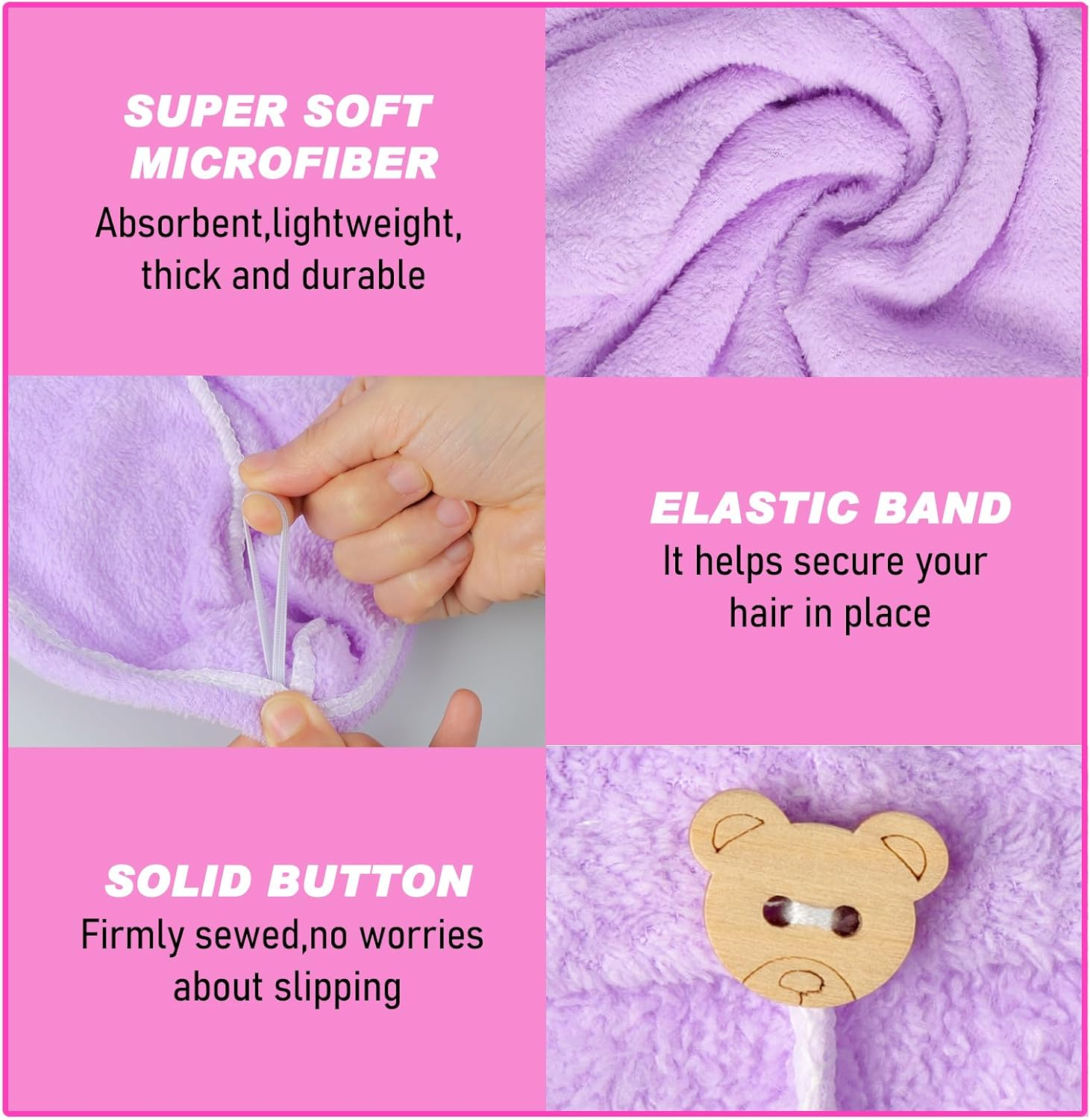 Pack of 2 Microfibre Hair Towels, Pink Purple Thickened Hair Turban for Drying Hair, Turban Towel with Button, Super Absorbent, Quick-Drying Hair, Soft Twisted Hair Towel for Women Children image number 6