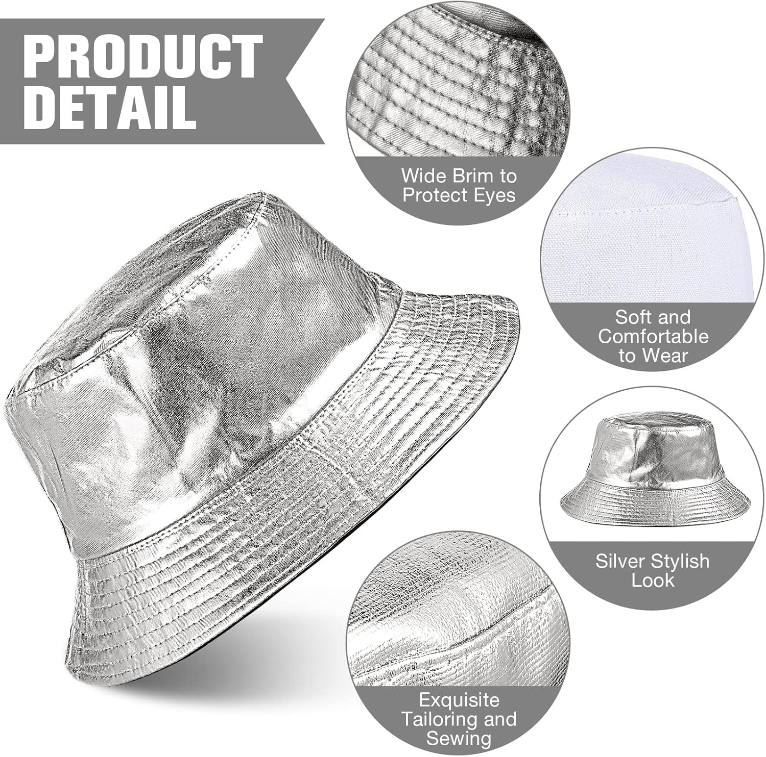 SATINIOR 2 Pcs Metallic Bucket Hat Unisex Trendy Fisherman Hat Reversible Foldable Packable Cap Double Side Hat Hip Hop image number 3