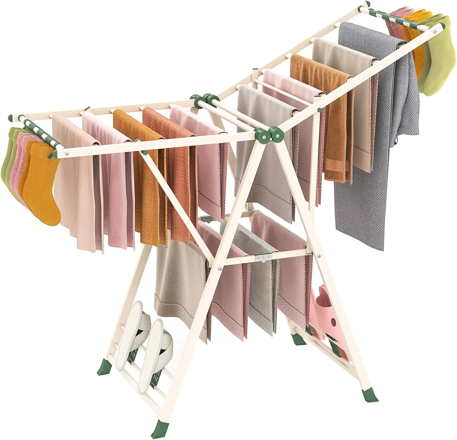 Giantex Clothes Drying Rack, Foldable Metal Laundry Drying Rack with Height Adjustable Wings, 16 Drying Rails, Sock Clips & Shoe Racks, Freestanding Gullwing Clothing Stand (White, 1.6M)