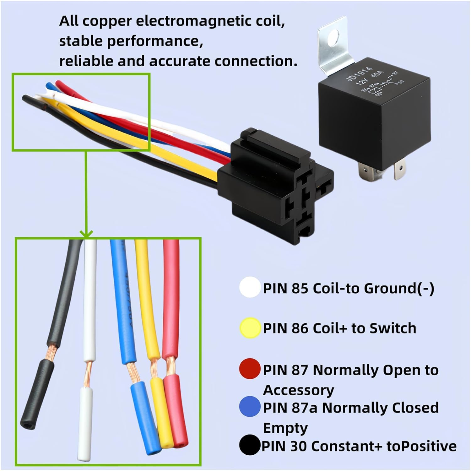 5 Pack 12V 40/30 Amp Car Relay DC 5 Pin SPDT and Harness - Heavy Duty 12 AWG Copper Wires Relays Kit Bosch Style for Automotive Truck Van Motorcycle Boat image number 4