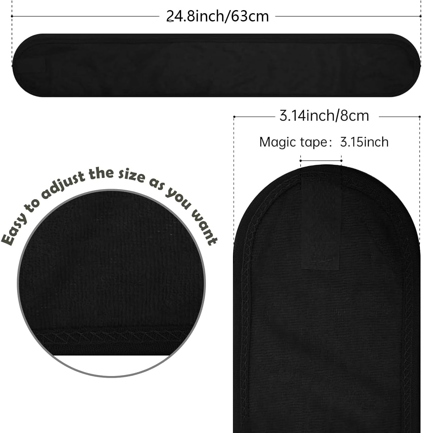 3 Pack Spa Headbands &ndash; Adjustable Skincare & Facial Head Wrap with Non-Slip Tape, Soft Terry Cloth Headband for Washing Face, Makeup, Shower, Yoga & Gym (Black, White, Grey) image number 1