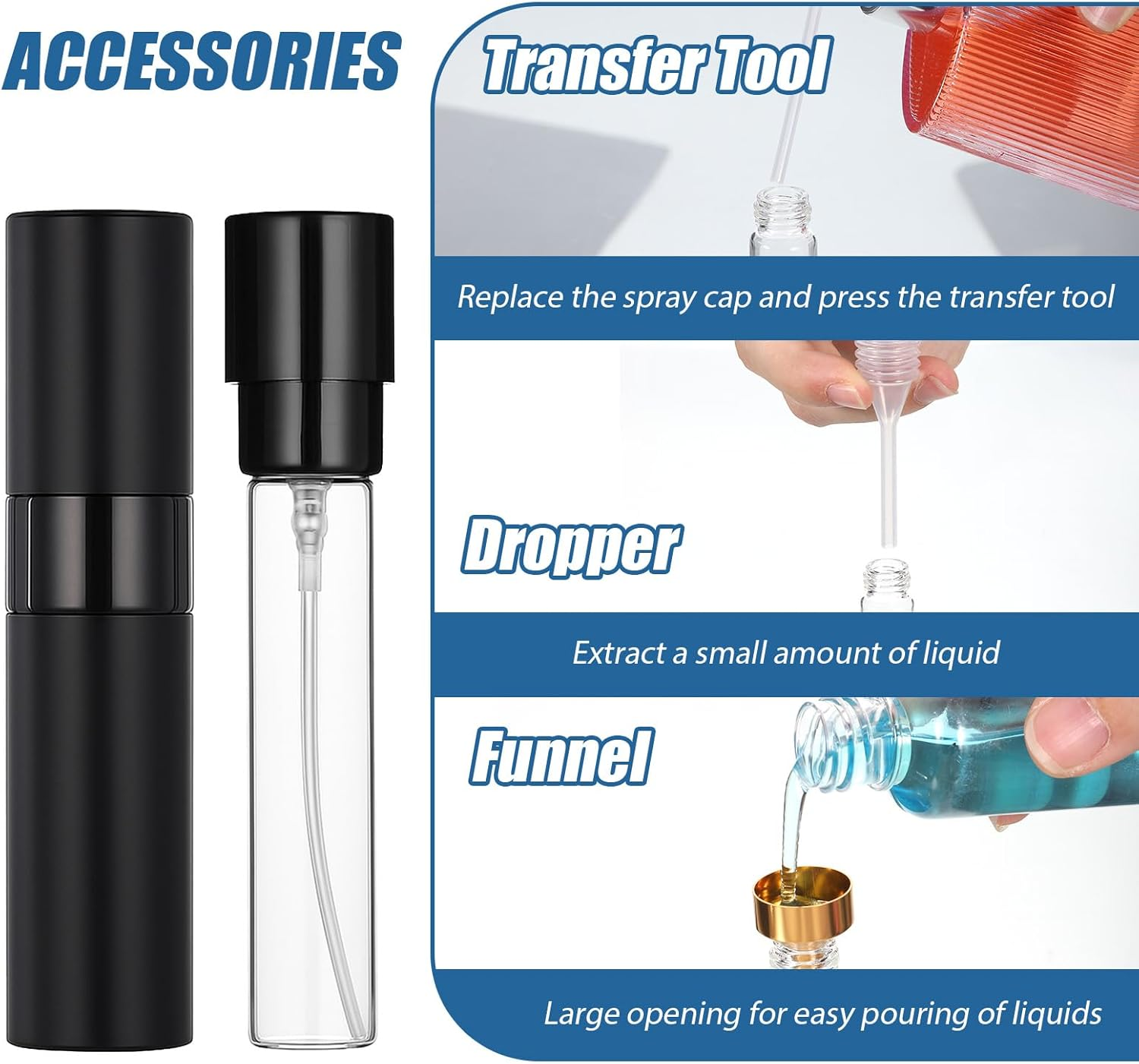 3 Pcs Travel Perfume Atomizer Refillable Mini Portable Sprayer Bottle Empty with Plastic Spring Dropper and Pump Head Dispensers and Metal Funnels for Women Men image number 6