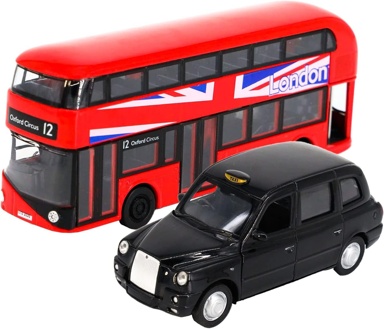 Official TFL Licensed Classic Austin PX4 Black Cab Taxi and NEW Routemaster Double Decker London Bus, Metal Die Cast Freewheeling Action Toy Models (Large London Taxi and Bus)