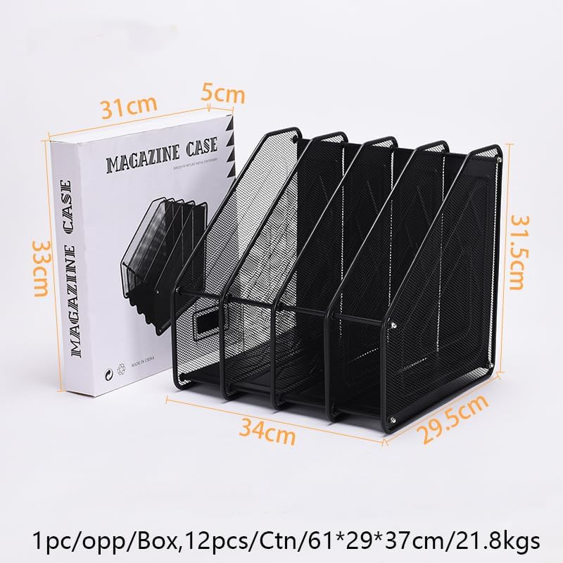 Mesh Desktop File Folder Organiser, 4-Compartment Desk Organiser for Document Folders, Vertical Filing Cabinet for Letter Mail Folder, Black Book Magazine Holder