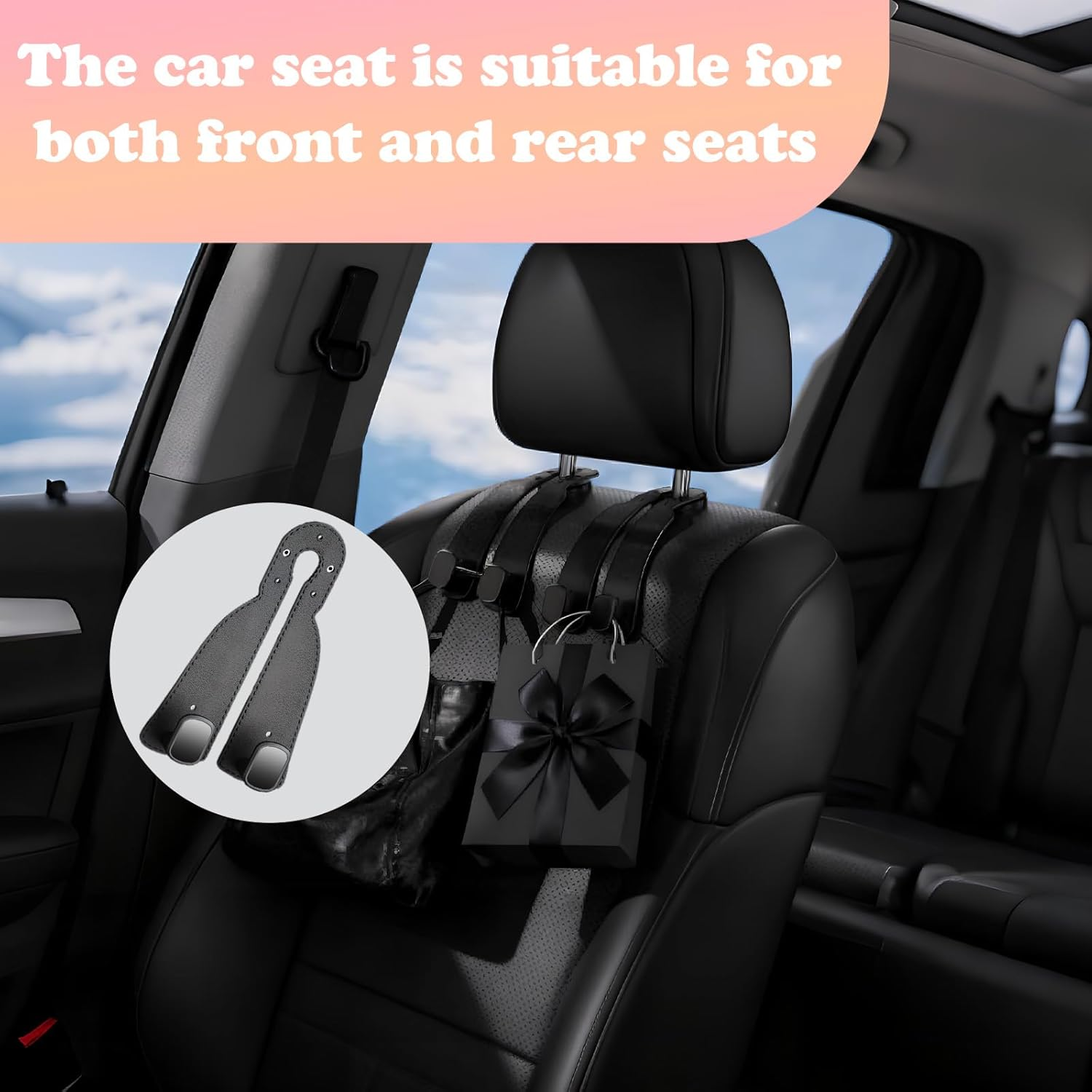 4Pcs Car Seat Backrest Double Hooks, Car Seat Head Hook Holder, Leather Purse Hanger Holder for Bags Durable Metal Interlayer Design for Organizing Items (Black)