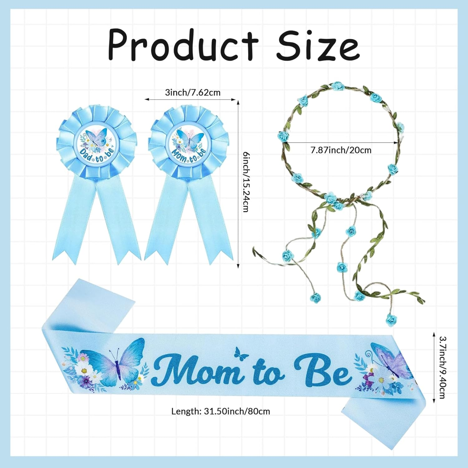1 Set Baby Shower Sash for Mommy Badge Cute Blue Pin Flower Crown Headband Baby Shower Decorations for Pregnancy Props Keepsake Gifts Sash