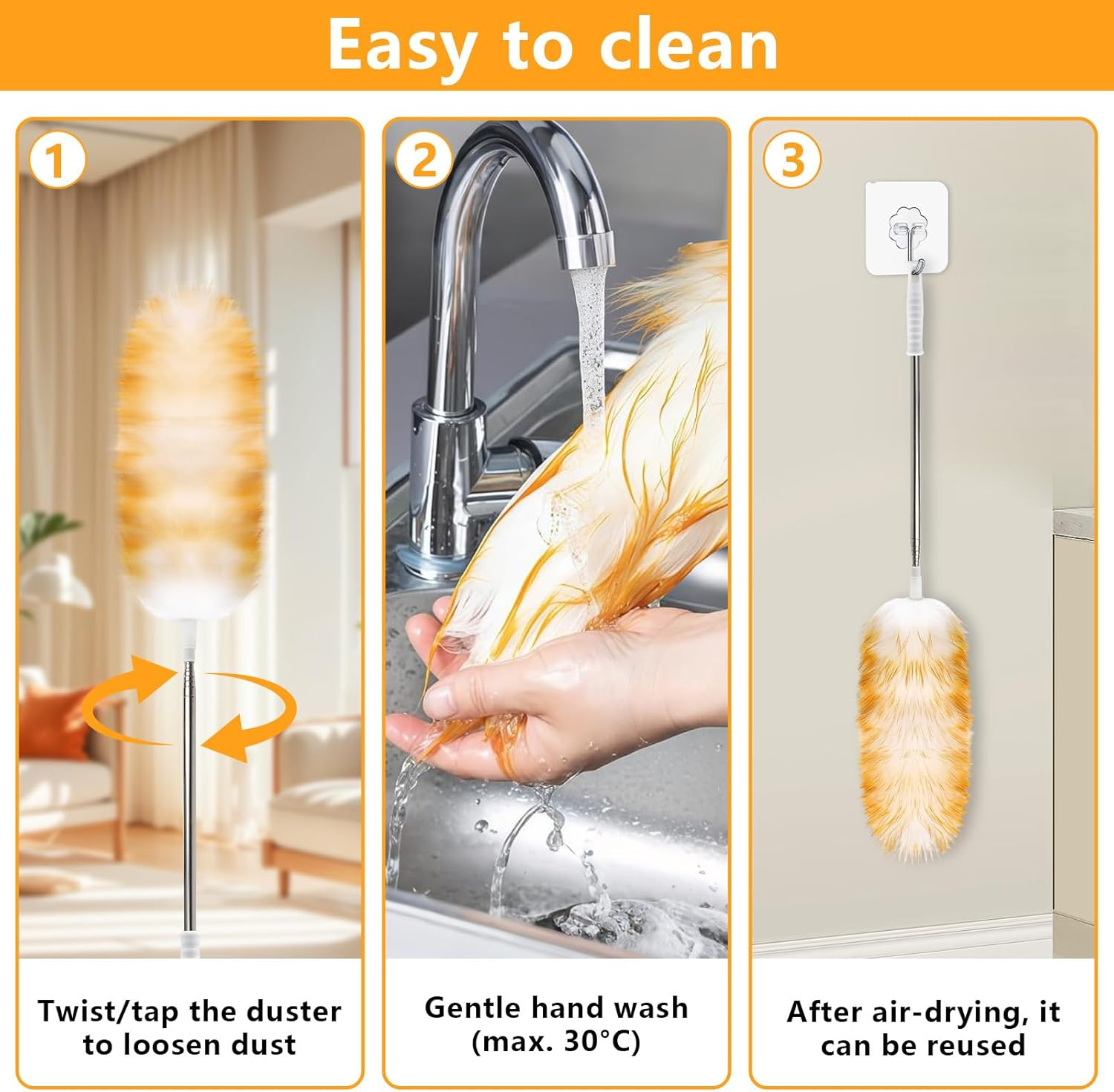 XTUDOU Lambswool Telescopic Duster Extendable up to 140 Cm Washable Duster Long Extendable Lambswool Duster Suitable for Ceilings, Furniture, Televisions, Offices image number 4