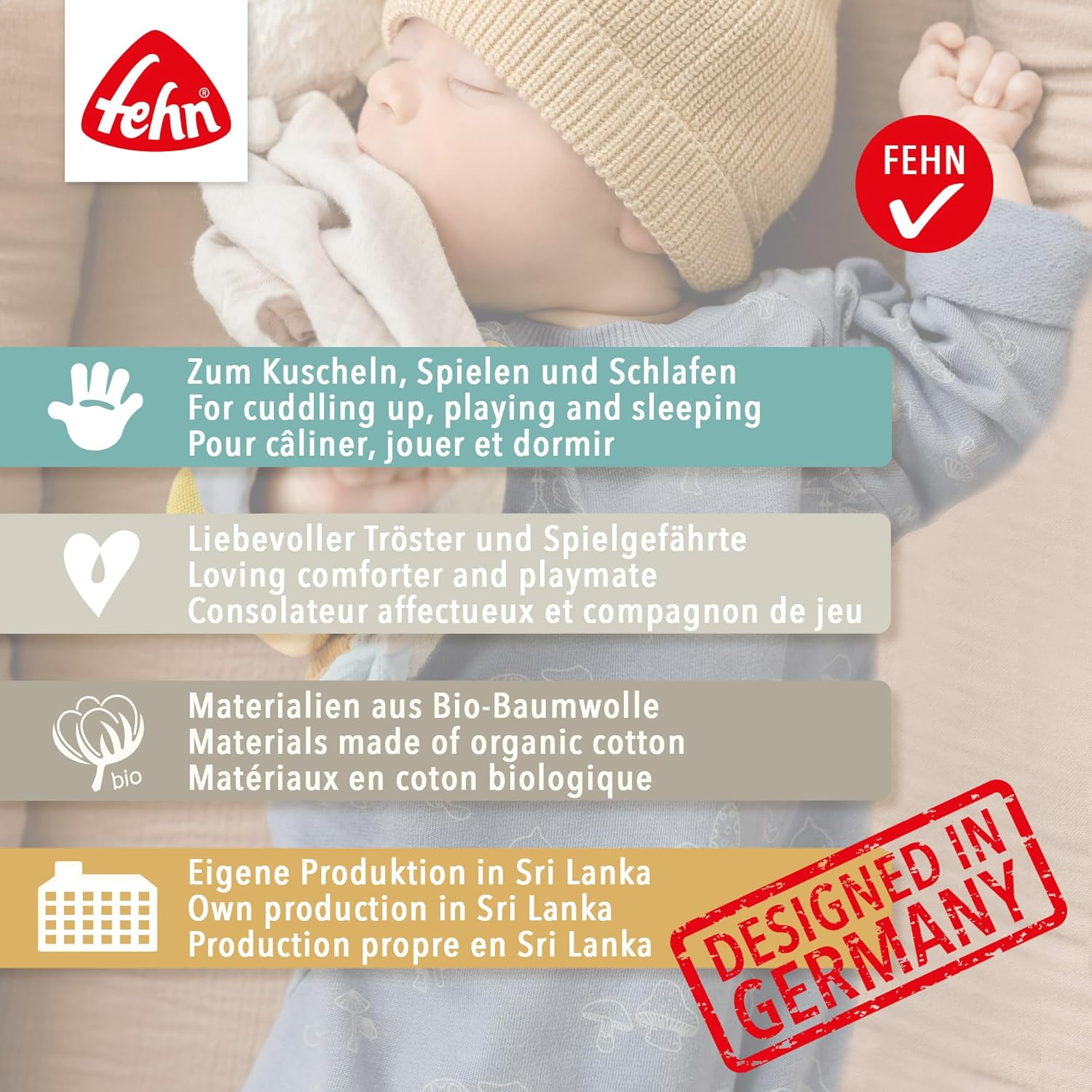 Fehn Mini Comforter Dog Natural - Mini Playmate & Stuffed Toy Cuddly Blanket with Organic Cotton from Organic Controlled Cultivation (KBA) - for Babies & Toddlers from 0+ Months image number 2