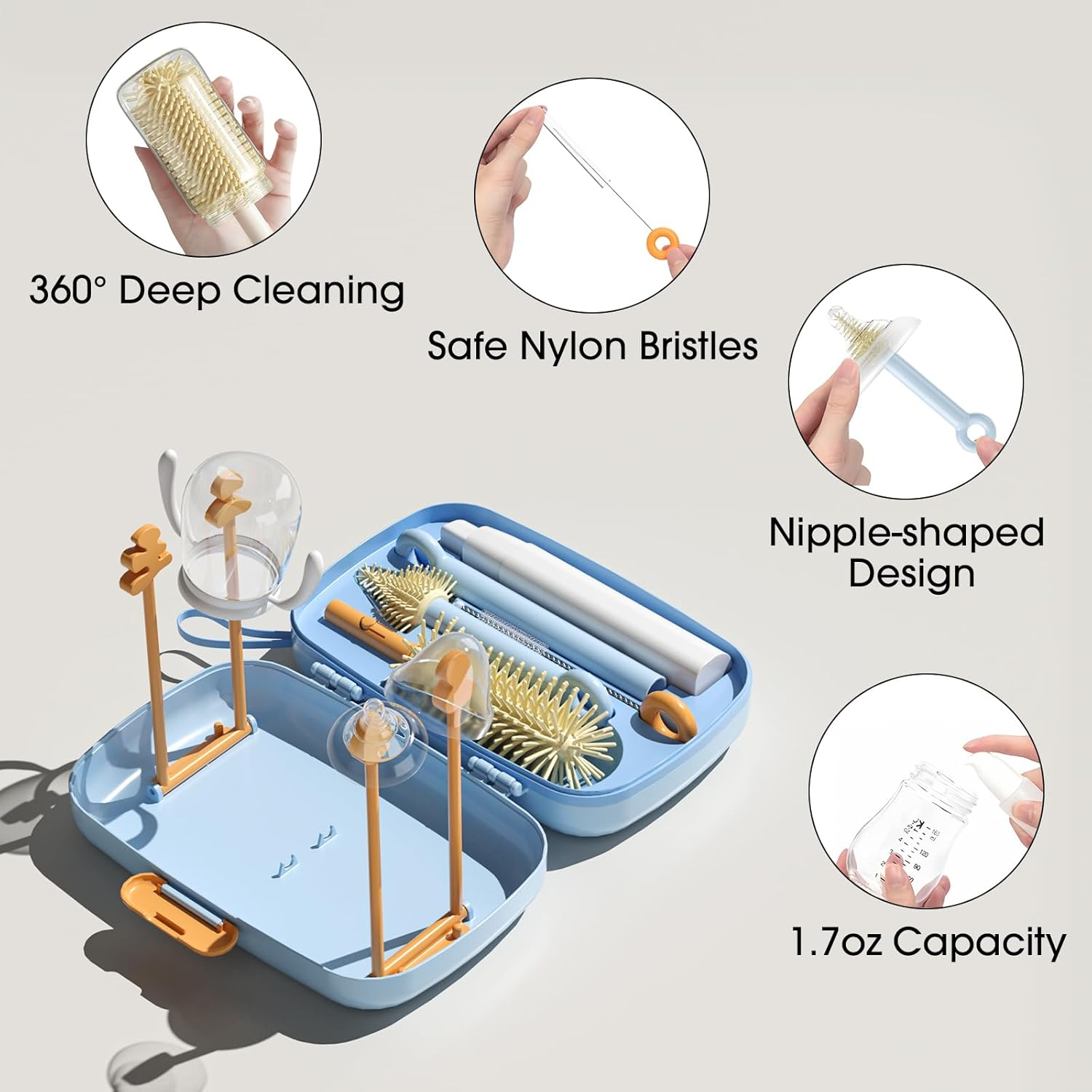 7 in 1 Baby Bottle Cleaner Set with Drying Rack, Draining Tray, Detachable Brushes for Bottles, Nipples, Straws, Soap Dispenser, Ideal Travel Gifts - Blue image number 5