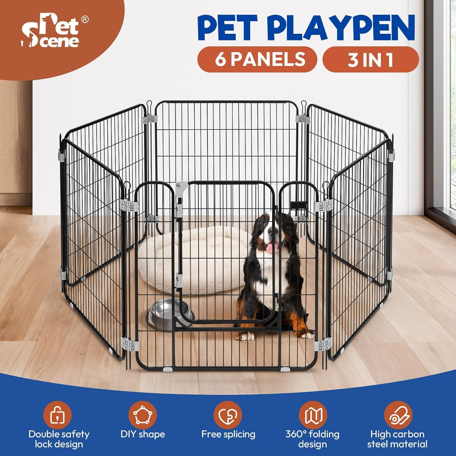 Pet Scene 32" Large Dog Kennel Cage 6 Panels, Pet Playpen DIY Pet Fence Puppy Pen Rabbit Playpen Crate Ferret Guinea Pig Bunny Barrier Gate Outdoor Indoor image number 2