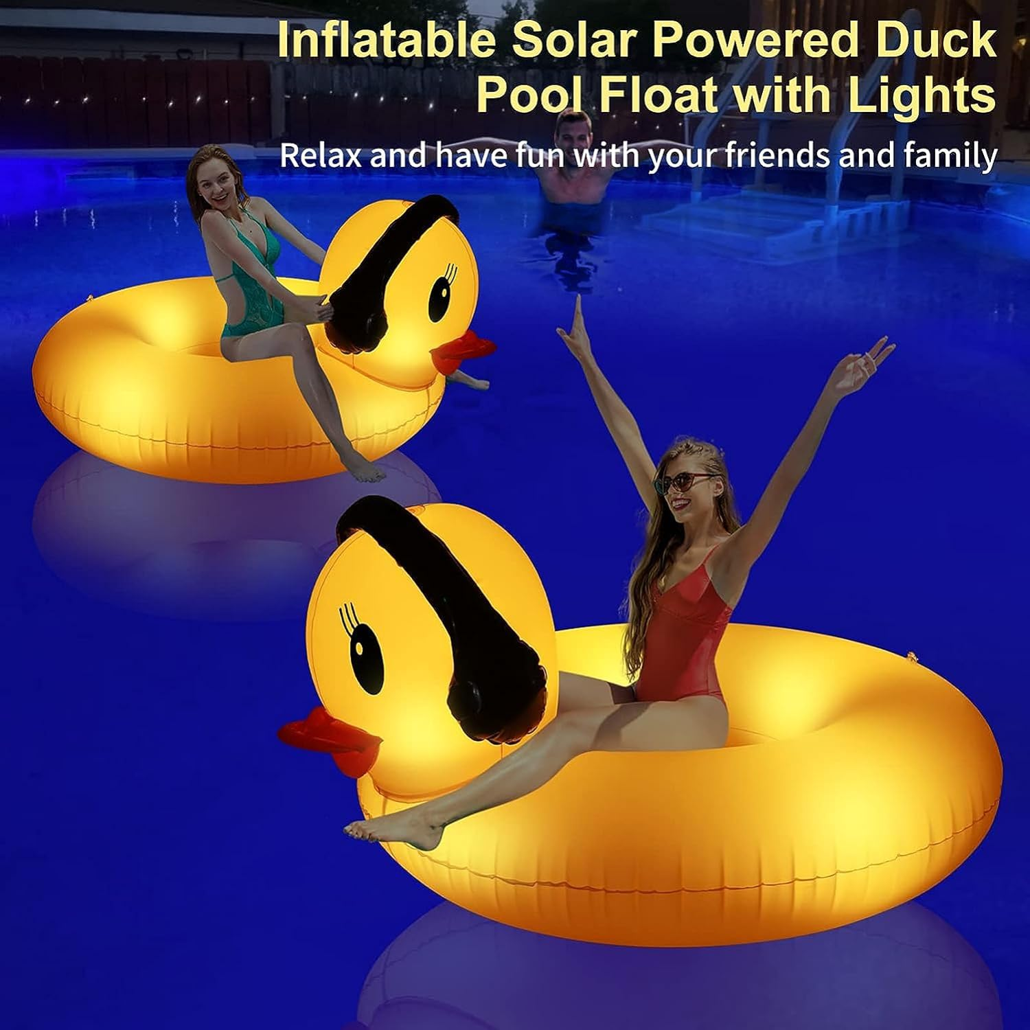 Inflatable Duck Pool Float with Lights, Solar Powered Pool Inflatables Duck Floaties for Adults Kids, 44" Large Animal Swim Tube Ring Pool Float with Fast Valves Summer Beach Pool Lounge image number 5